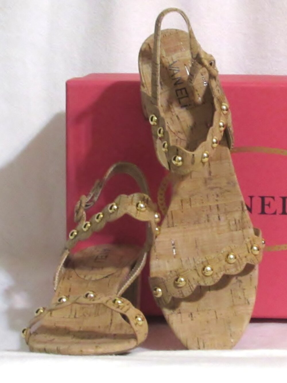 NEW Ladies VANELI Cork Gold Stud Accent Sandal Heels Shoes 9.5 M Orig $185